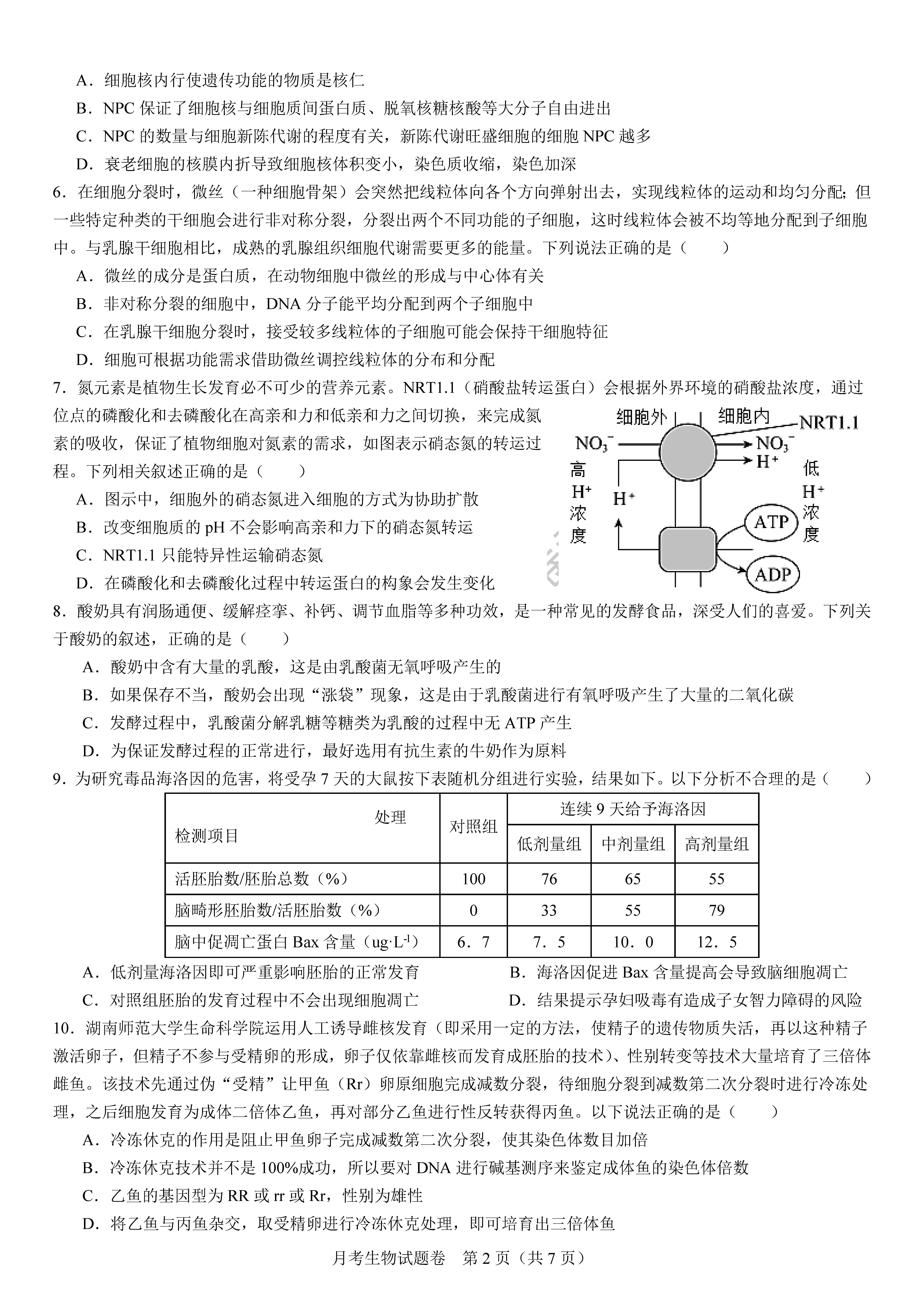衡阳八中2024届高三上10月月考二生物试题及答案